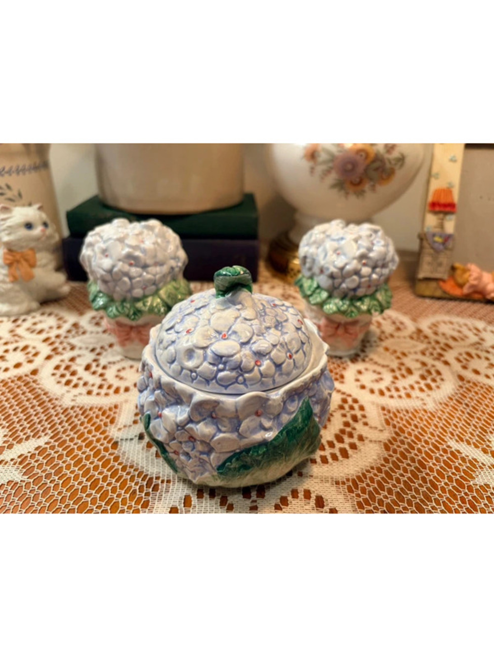 Vintage Blue Hydrangea Condiment Set Salt Pepper Shakers & Covered Jam Jar